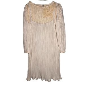 Darcy Women Large Dress Cream Vintage 80s Pleated Embellished Fringe Sequin